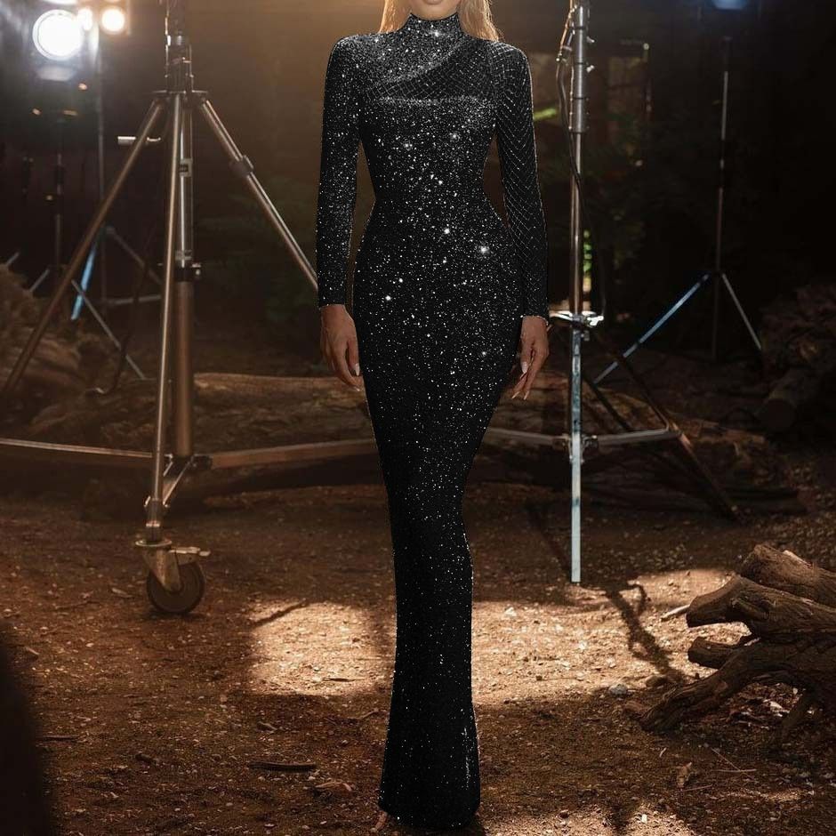 2024 Spring/Summer New Hollow Off Shoulder Dress Round Neck Slim Fit Style S-Shaped Sequin Dress Fashion Noble Elegant Dress Party Concert Evening Dress Long Dress