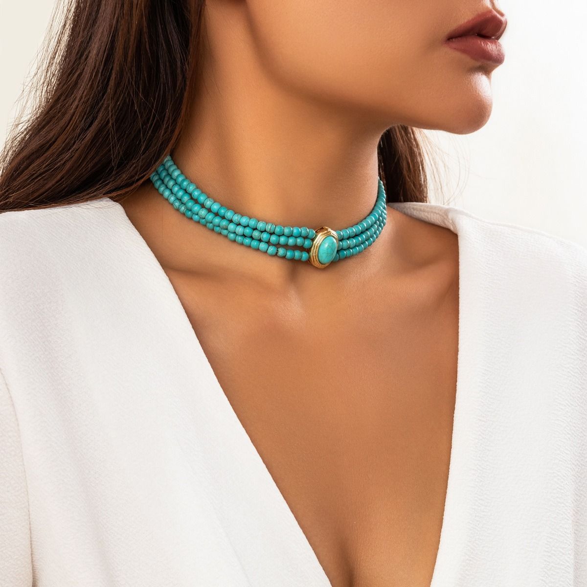2024 African Light Luxury Short Style Imitation Pearl Choker Neckchain Turquoise Beaded Retro Ethnic Style Collar Fashionable And Popular Collar Evening Dress Bride Exquisite Accessories