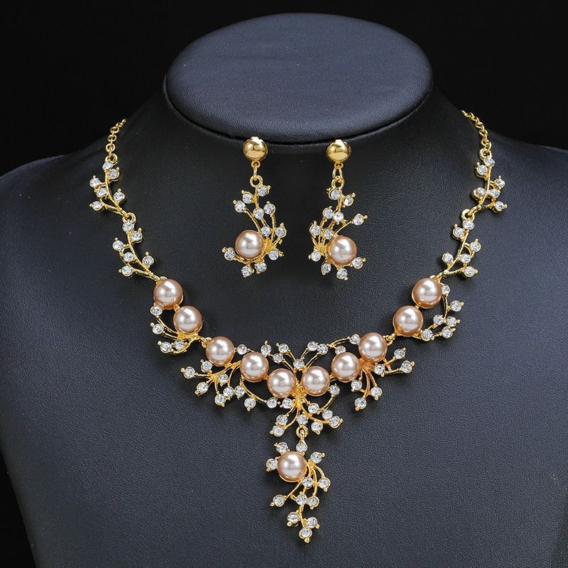 African 2024 New Fashion Necklace Earrings Floral Bride Bridal Jewelry Wedding Party Anniversary Jewelry set Classic Fashionable Pearl Necklace Rhinestone Wedding Matching 1 * Necklace + 2 * Earrings