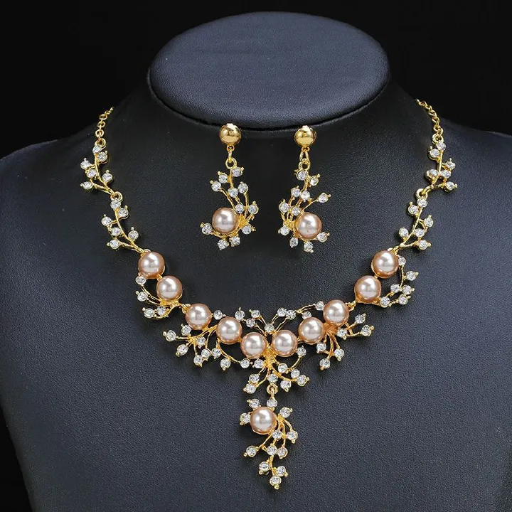 African 2024 New Fashion Necklace Earrings Floral Bride Bridal Jewelry Wedding Party Anniversary Jewelry set Classic Fashionable Pearl Necklace Rhinestone Wedding Matching 1 * Necklace + 2 * Earrings