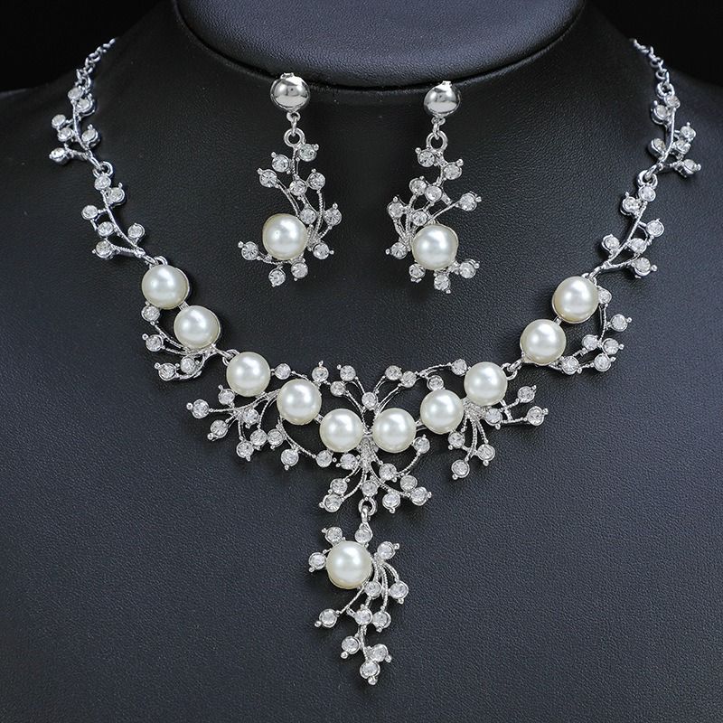 African 2024 New Fashion Necklace Earrings Floral Bride Bridal Jewelry Wedding Party Anniversary Jewelry set Classic Fashionable Pearl Necklace Rhinestone Wedding Matching 1 * Necklace + 2 * Earrings