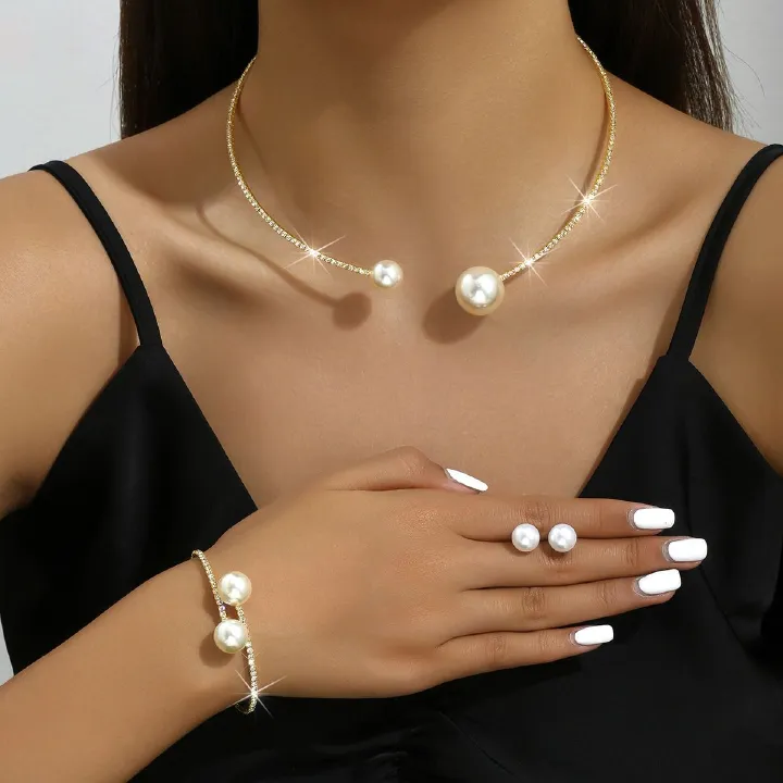 African Fashion Sparkling rhinestone Pearl Small fragrance Collar Necklace Open adjustable bracelet Bridal earrings + collar + hand accessories Set accessories