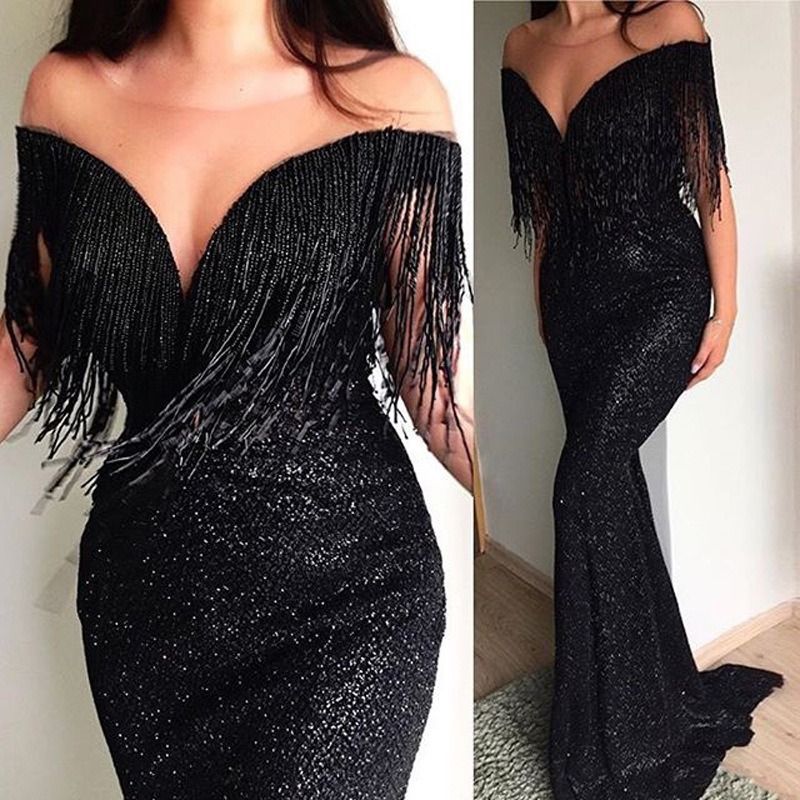 Sexy Personalized Evening Dress High V Neck Squins Skirt Lady Off Shoulder Red Carpet Dress