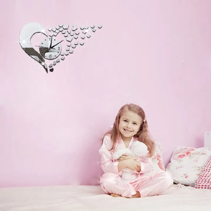 African PopularTure Love 3D Acrylic Mirror Decoration Wall Clock Sticker Modern Design DIY Living Room Dinning Room Meeting Room Big Heart Mirror Clock Wall Sticker Students 3D Art Wall Clock