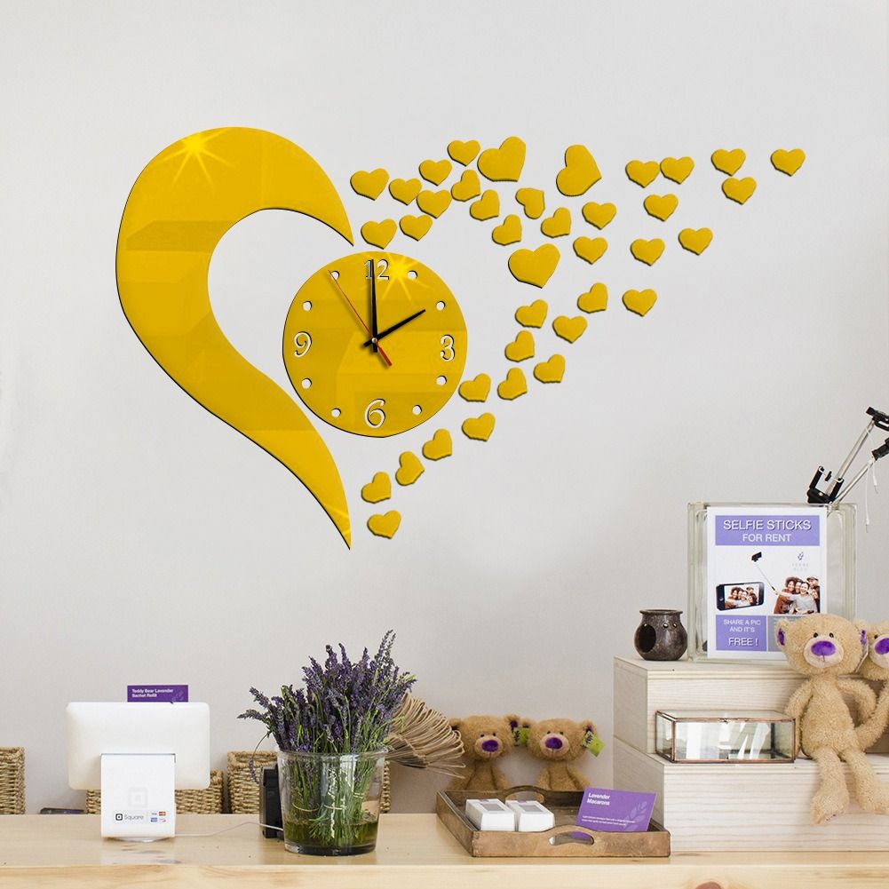 African PopularTure Love 3D Acrylic Mirror Decoration Wall Clock Sticker Modern Design DIY Living Room Dinning Room Meeting Room Big Heart Mirror Clock Wall Sticker Students 3D Art Wall Clock