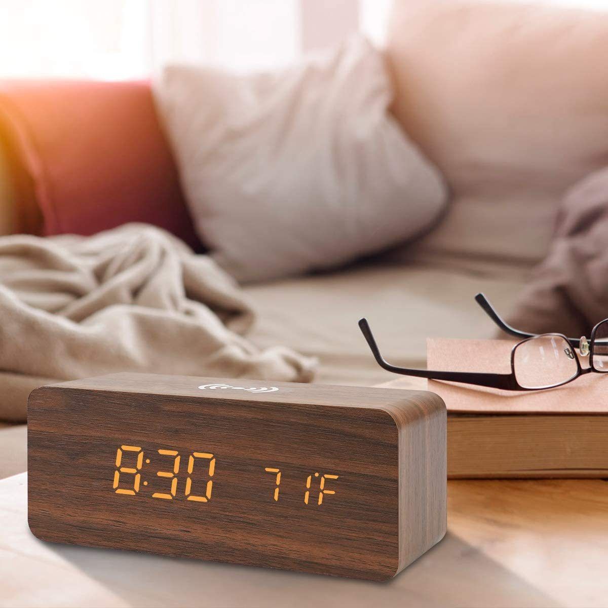 Africa multi-functional modern simple LED digital electronic alarm clock desktop charging clock wireless charging digital display wood clock factory wholesale