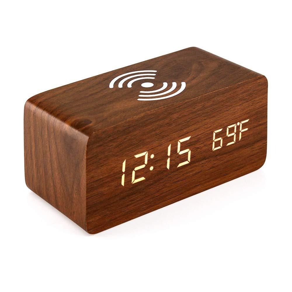 Africa multi-functional modern simple LED digital electronic alarm clock desktop charging clock wireless charging digital display wood clock factory wholesale