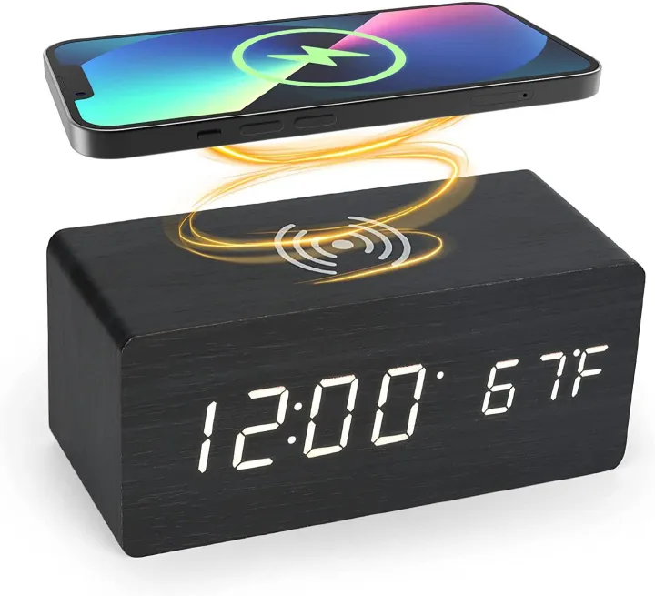 Africa multi-functional modern simple LED digital electronic alarm clock desktop charging clock wireless charging digital display wood clock factory wholesale