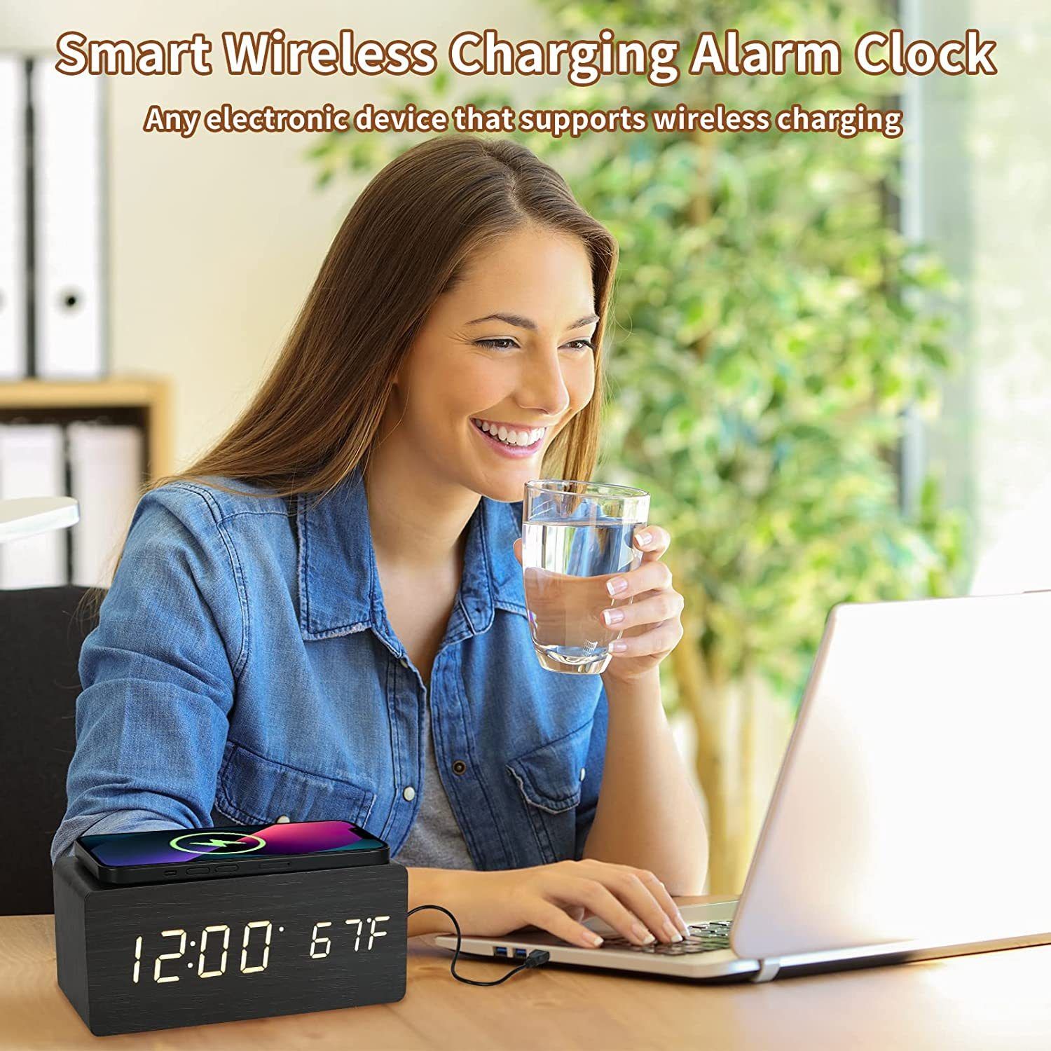 Africa multi-functional modern simple LED digital electronic alarm clock desktop charging clock wireless charging digital display wood clock factory wholesale