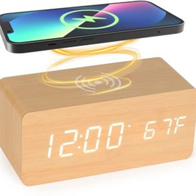 Africa multi-functional modern simple LED digital electronic alarm clock desktop charging clock wireless charging digital display wood clock factory wholesale