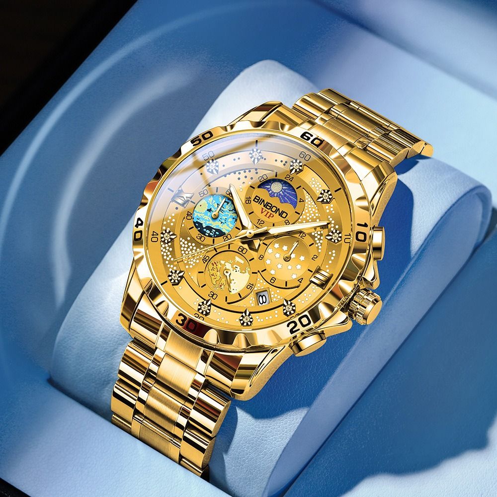 2024 BINBOND Genuine Men's Watch 30M Waterproof Luminous Double Calendar Watch  Diamond Spired Glass Decoration Luminous Starry Sky Van Gogh Quartz Watch Fashion Business Watch Small three-pin Watch