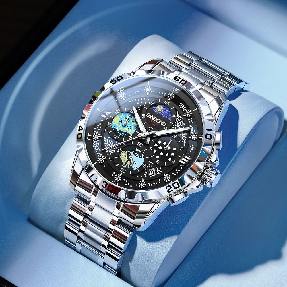 2024 BINBOND Genuine Men's Watch 30M Waterproof Luminous Double Calendar Watch  Diamond Spired Glass Decoration Luminous Starry Sky Van Gogh Quartz Watch Fashion Business Watch Small three-pin Watch