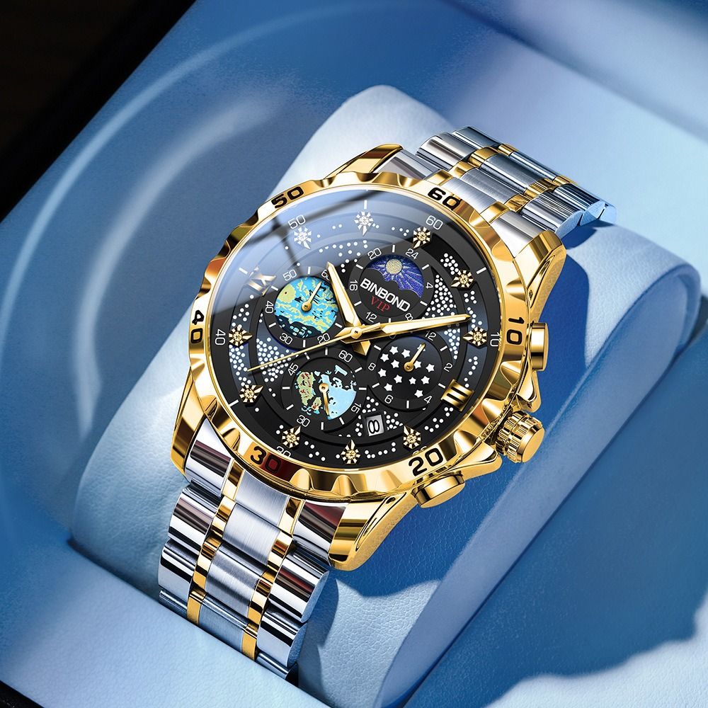 2024 BINBOND Genuine Men's Watch 30M Waterproof Luminous Double Calendar Watch  Diamond Spired Glass Decoration Luminous Starry Sky Van Gogh Quartz Watch Fashion Business Watch Small three-pin Watch
