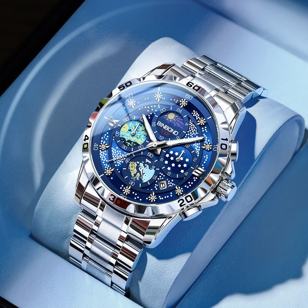 2024 BINBOND Genuine Men's Watch 30M Waterproof Luminous Double Calendar Watch  Diamond Spired Glass Decoration Luminous Starry Sky Van Gogh Quartz Watch Fashion Business Watch Small three-pin Watch