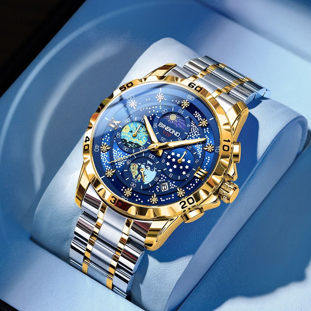 2024 BINBOND Genuine Men's Watch 30M Waterproof Luminous Double Calendar Watch  Diamond Spired Glass Decoration Luminous Starry Sky Van Gogh Quartz Watch Fashion Business Watch Small three-pin Watch