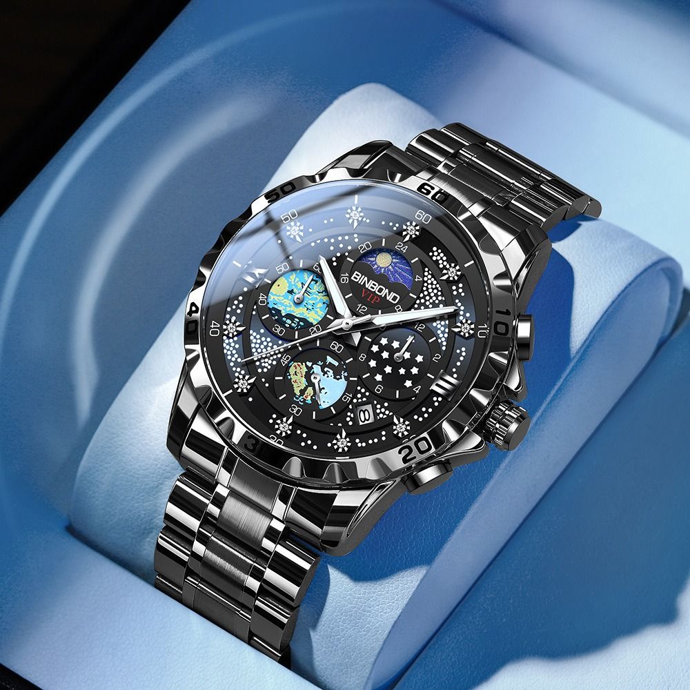 2024 BINBOND Genuine Men's Watch 30M Waterproof Luminous Double Calendar Watch  Diamond Spired Glass Decoration Luminous Starry Sky Van Gogh Quartz Watch Fashion Business Watch Small three-pin Watch