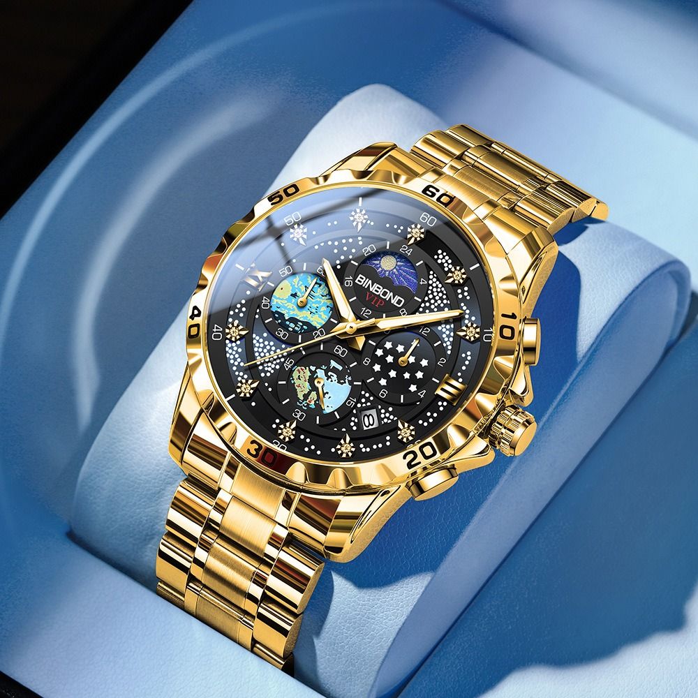 2024 BINBOND Genuine Men's Watch 30M Waterproof Luminous Double Calendar Watch  Diamond Spired Glass Decoration Luminous Starry Sky Van Gogh Quartz Watch Fashion Business Watch Small three-pin Watch