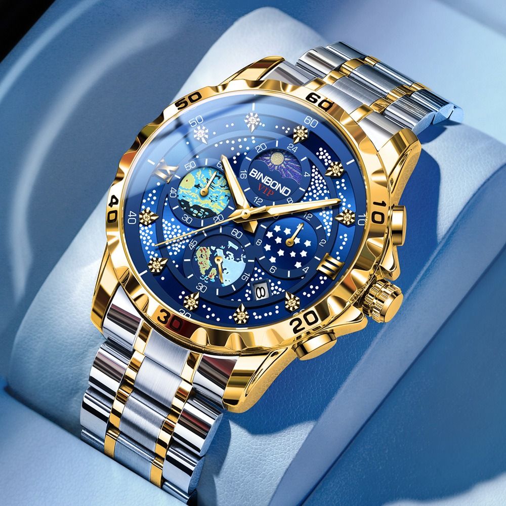 2024 BINBOND Genuine Men's Watch 30M Waterproof Luminous Double Calendar Watch  Diamond Spired Glass Decoration Luminous Starry Sky Van Gogh Quartz Watch Fashion Business Watch Small three-pin Watch