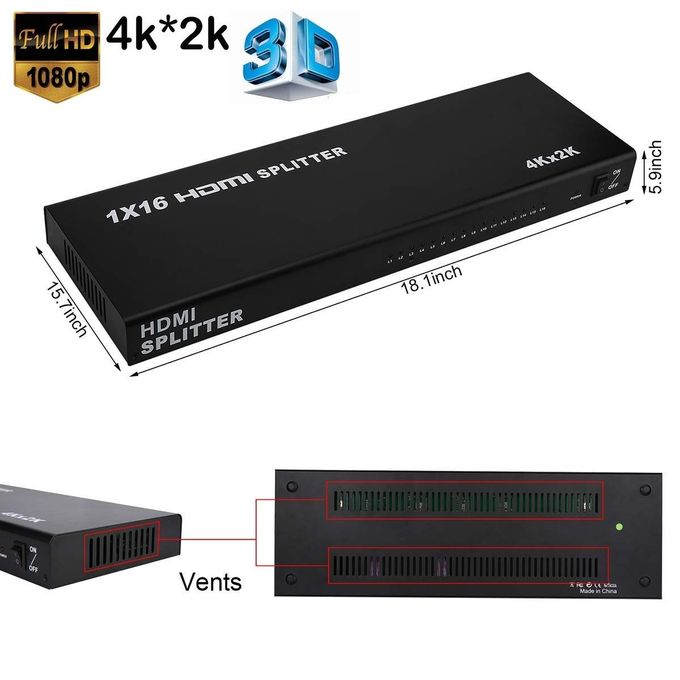 HD Splitter 16 Port HDMI Splitter 1 In 16 Way Output Display Audio Video HD V 1.4 3D 4K