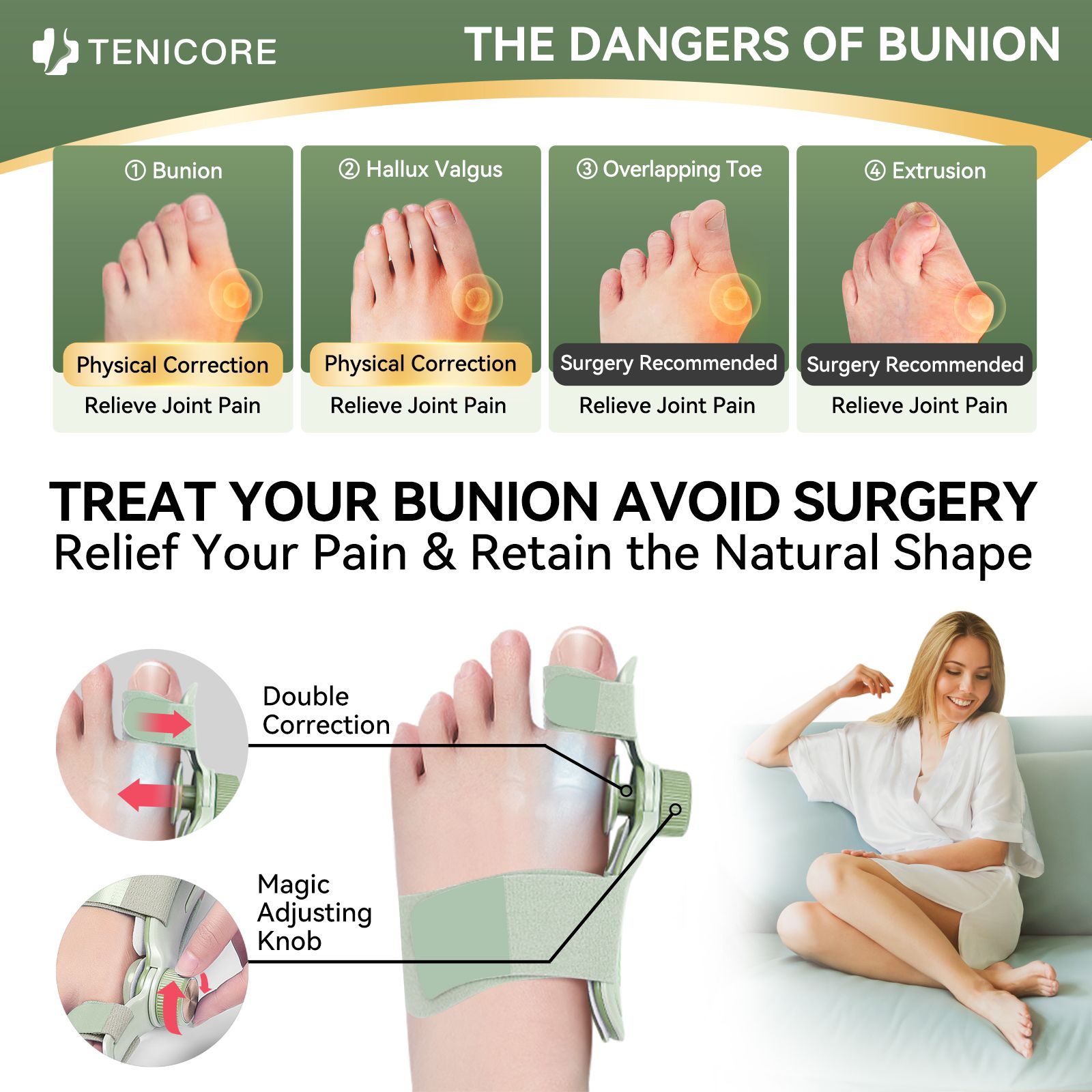 Bunion Corrector for Women & Men Comfortable, Effective Double Correction Adjustable Knob Orthopedic for Big Toe Relief Bunion Splints Hammer Toe Straightener with Silicone Pad, 1PCS