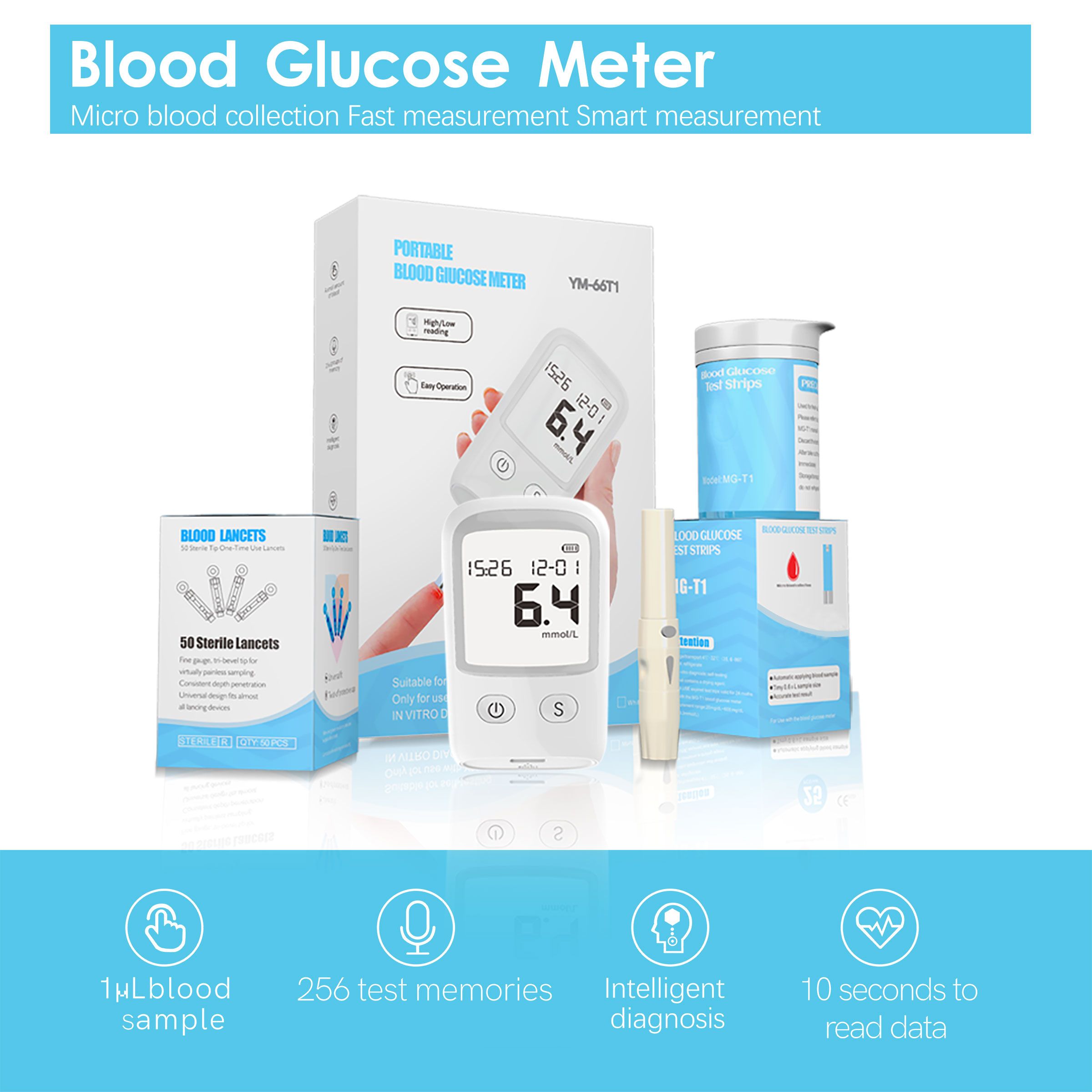 Blood Glucose Monitor Kit, Blood Sugar Test Kit with  Glucometer Strips, Lancets and 1 Lancing Devices, No Coding Required & Large Screen