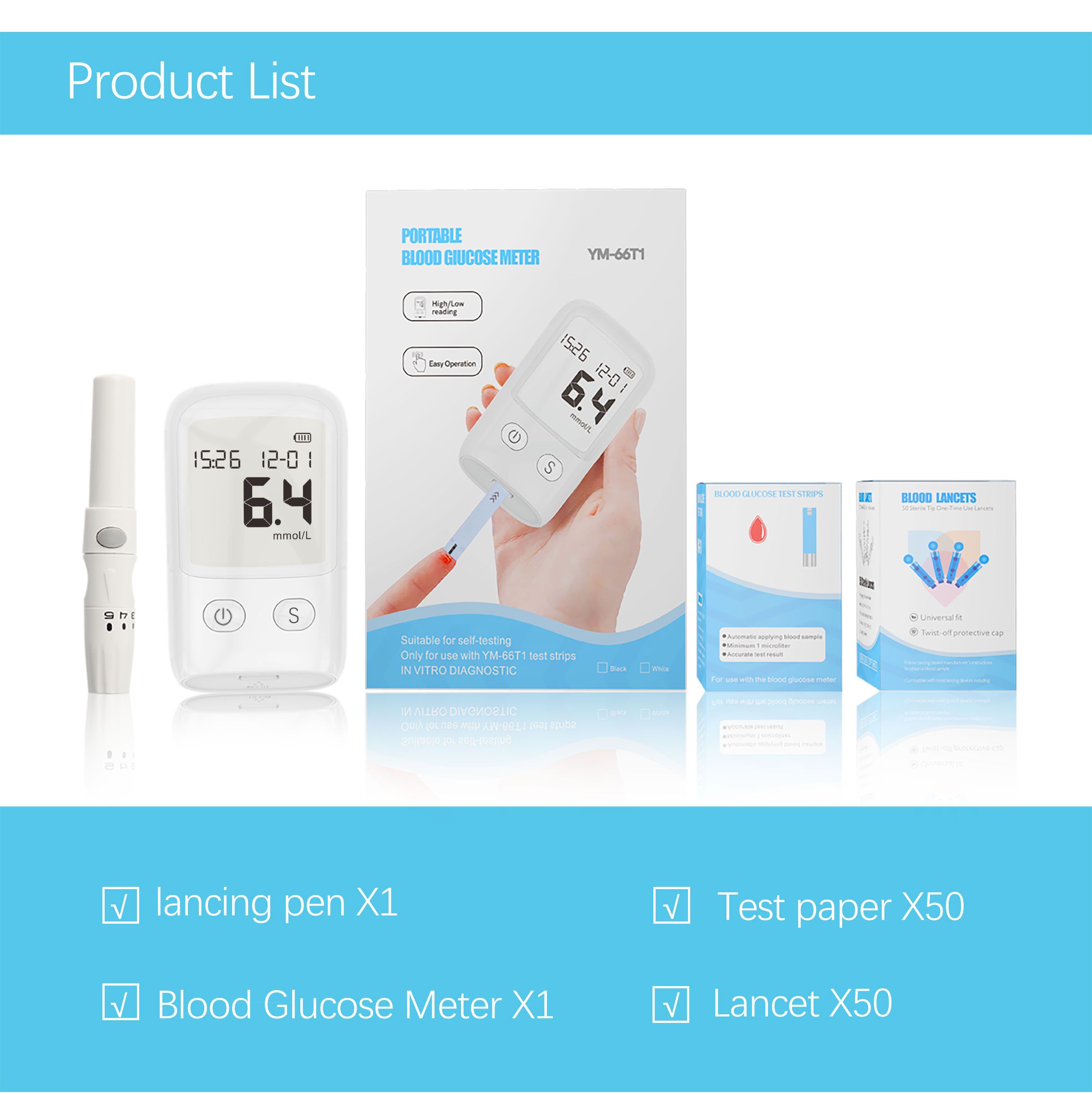 Blood Glucose Monitor Kit, Blood Sugar Test Kit with  Glucometer Strips, Lancets and 1 Lancing Devices, No Coding Required & Large Screen