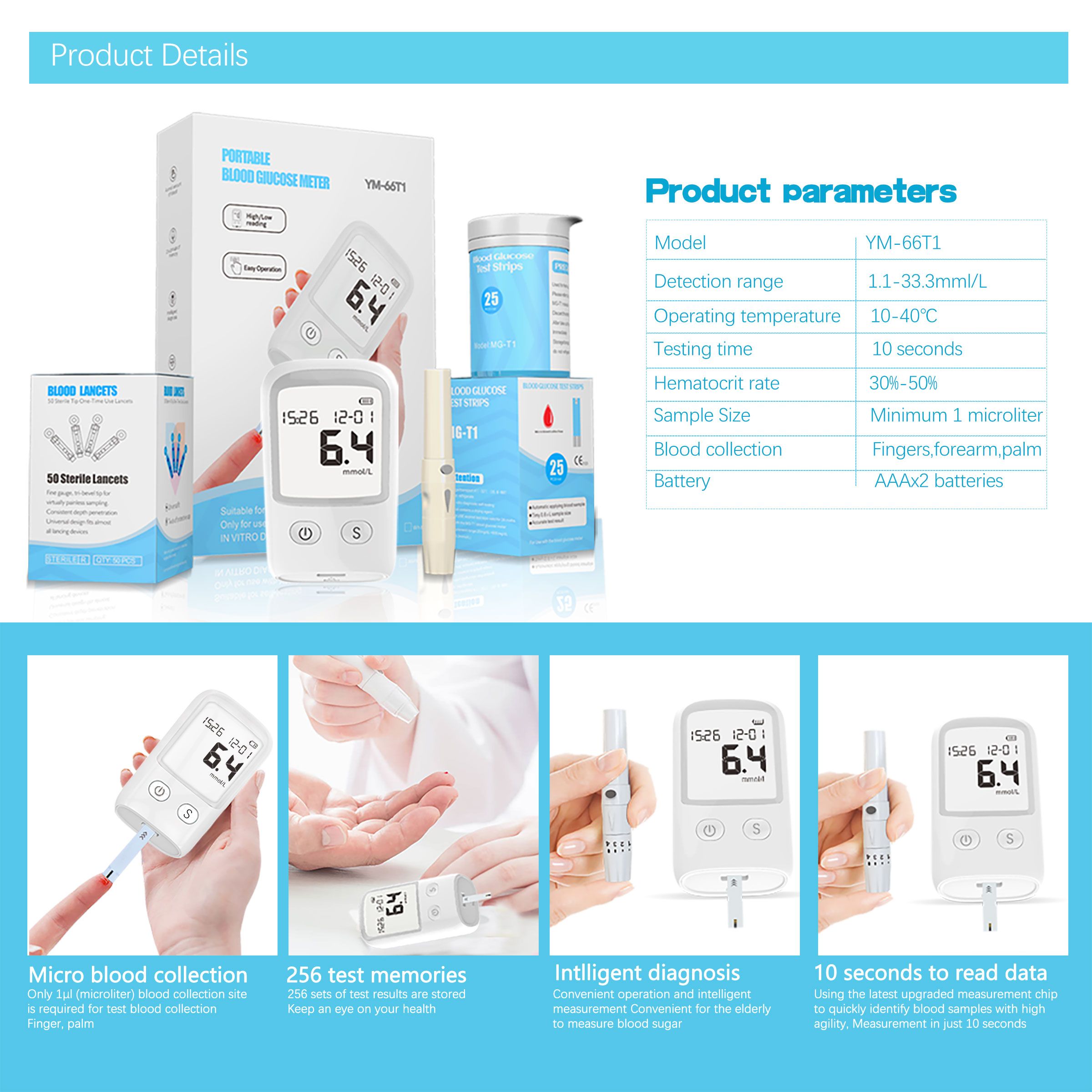 Blood Glucose Monitor Kit, Blood Sugar Test Kit with  Glucometer Strips, Lancets and 1 Lancing Devices, No Coding Required & Large Screen
