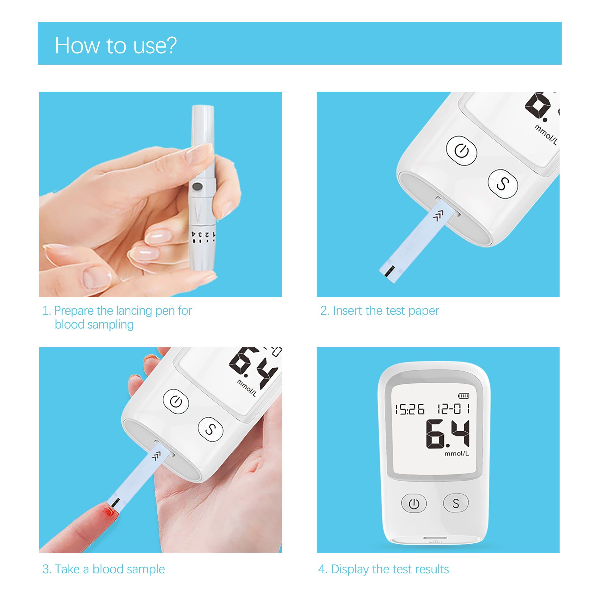 Blood Glucose Monitor Kit, Blood Sugar Test Kit with  Glucometer Strips, Lancets and 1 Lancing Devices, No Coding Required & Large Screen