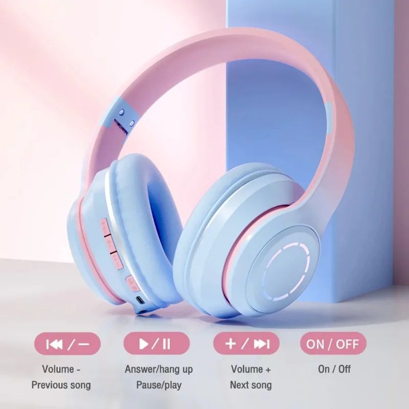 Gradient Wireless Bluetooth Headphone LED Color Light Music Headset With Microphone For Kids Lovely Gift Game Sport Earphone