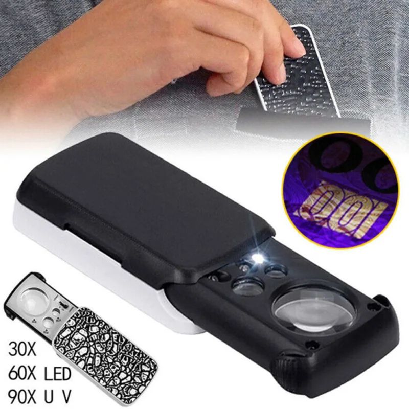 Magnifying Glass 30X 60X 90X Magnifier Jewelry Appraisal Reading High Magnification Acrylic Optical Lens Loupe with LED UV