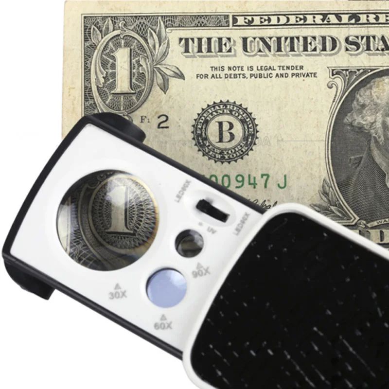Magnifying Glass 30X 60X 90X Magnifier Jewelry Appraisal Reading High Magnification Acrylic Optical Lens Loupe with LED UV