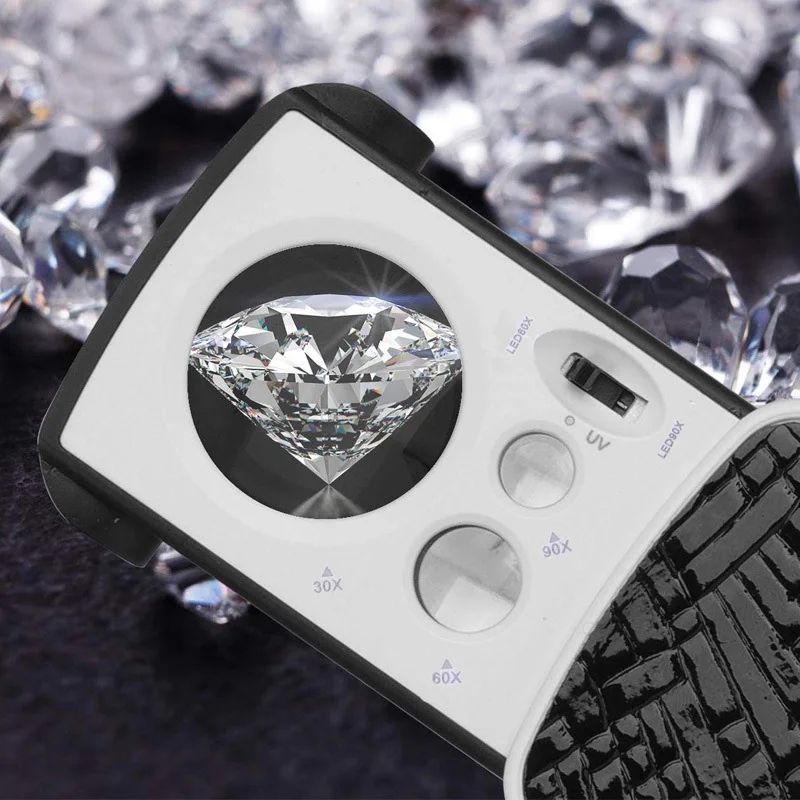 Magnifying Glass 30X 60X 90X Magnifier Jewelry Appraisal Reading High Magnification Acrylic Optical Lens Loupe with LED UV