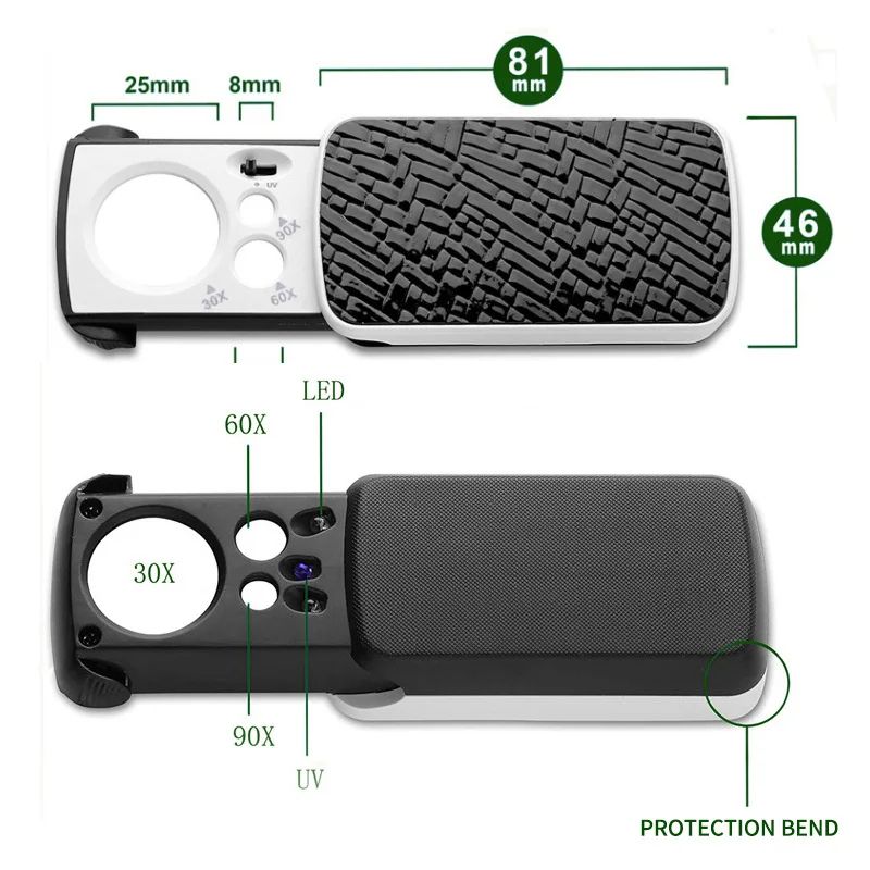 Magnifying Glass 30X 60X 90X Magnifier Jewelry Appraisal Reading High Magnification Acrylic Optical Lens Loupe with LED UV