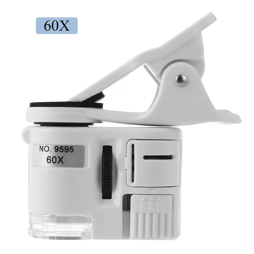 Universal Clip Microscope 60X LED Jewelry Magnifying Glass Focusing Adjusted Pocket Microscope with Cell Phone Clip UV Light
