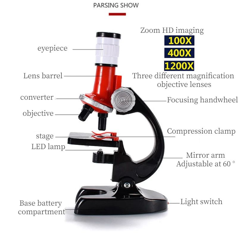 100x-400x-1200x Children Biological Microscope Kit Lab with Slides LED Refined Scientific Instruments Toy Set Birthday Gift