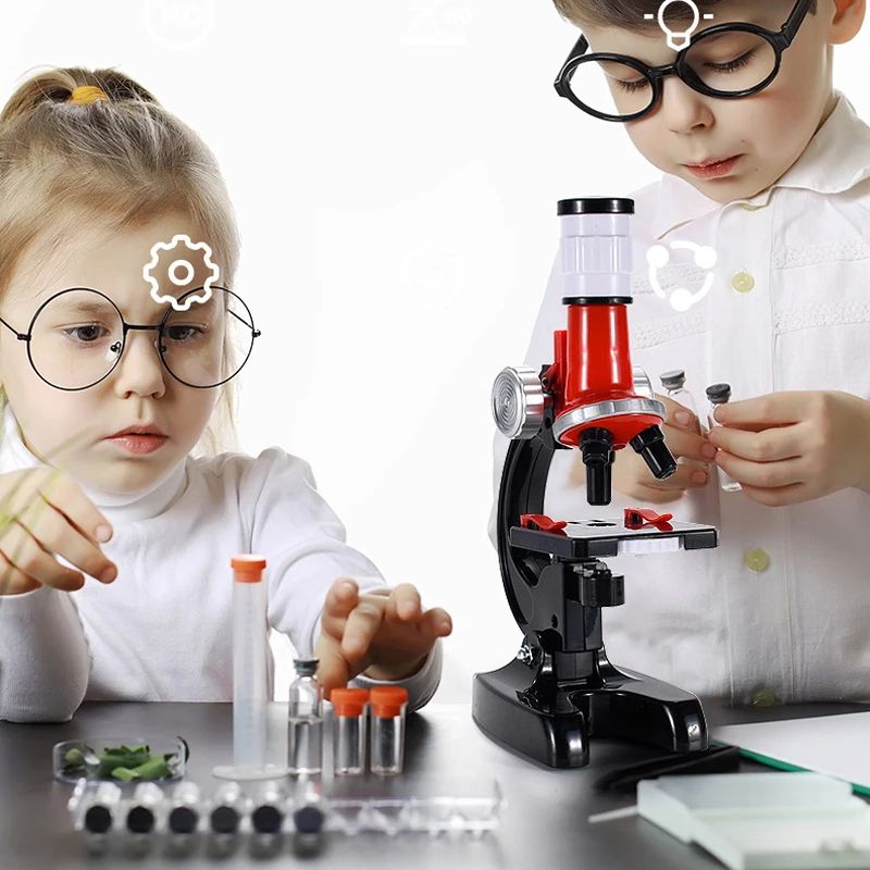 100x-400x-1200x Children Biological Microscope Kit Lab with Slides LED Refined Scientific Instruments Toy Set Birthday Gift