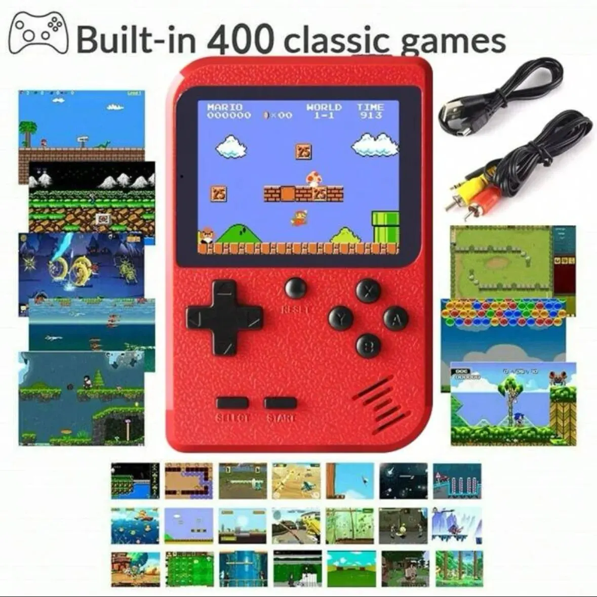A Red Retro Classic Games Children's Handheld Small Game Console With 400 Game Charging Can Be Connected To The TV Consoles