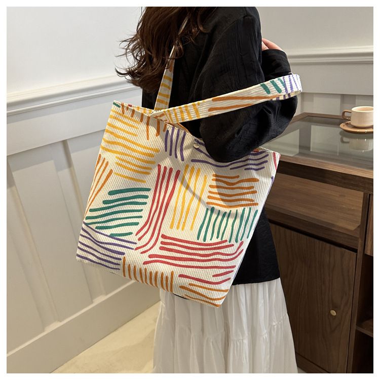 Shopping Women Dating Shoulder Bag FBK Delivery Fast Colorful Line Striped Canvas Bag Foldable Tote Bag Casual Student Fashion Zipper