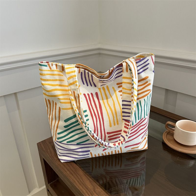 Shopping Women Dating Shoulder Bag FBK Delivery Fast Colorful Line Striped Canvas Bag Foldable Tote Bag Casual Student Fashion Zipper