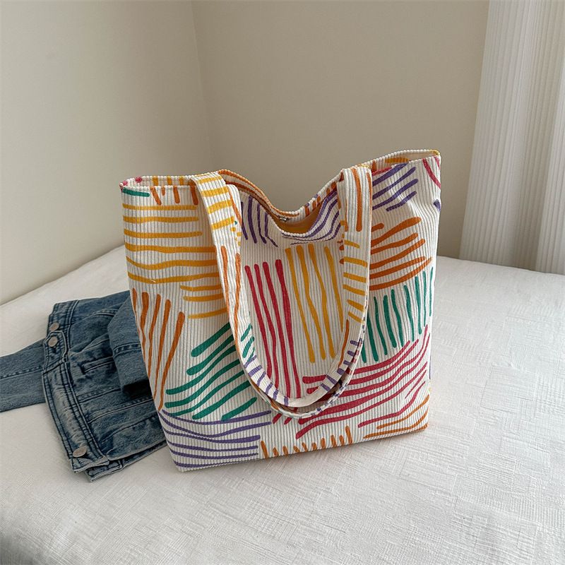 Shopping Women Dating Shoulder Bag FBK Delivery Fast Colorful Line Striped Canvas Bag Foldable Tote Bag Casual Student Fashion Zipper
