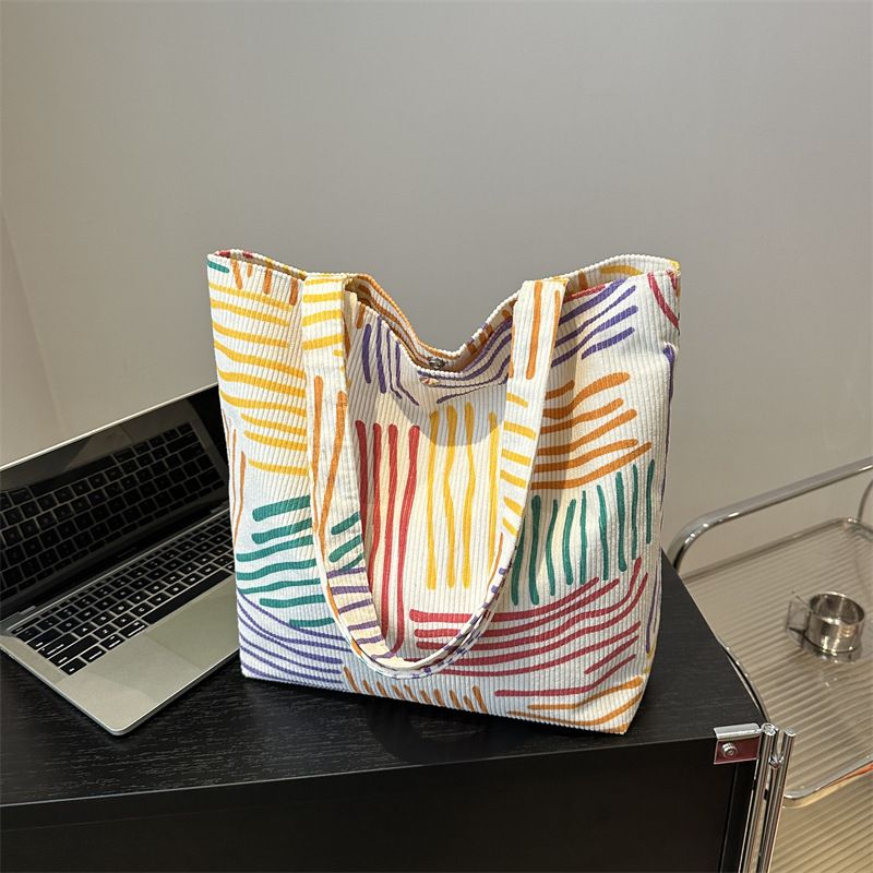 Shopping Women Dating Shoulder Bag FBK Delivery Fast Colorful Line Striped Canvas Bag Foldable Tote Bag Casual Student Fashion Zipper