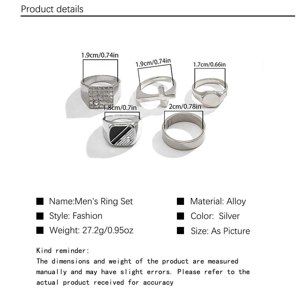 5Pcs/Set Cross border Diamond Set Square Ring from Europe and America, Men's Minority Retro Fashion Personalized Alloy Ring, Index Finger Ring, Men's Handwear