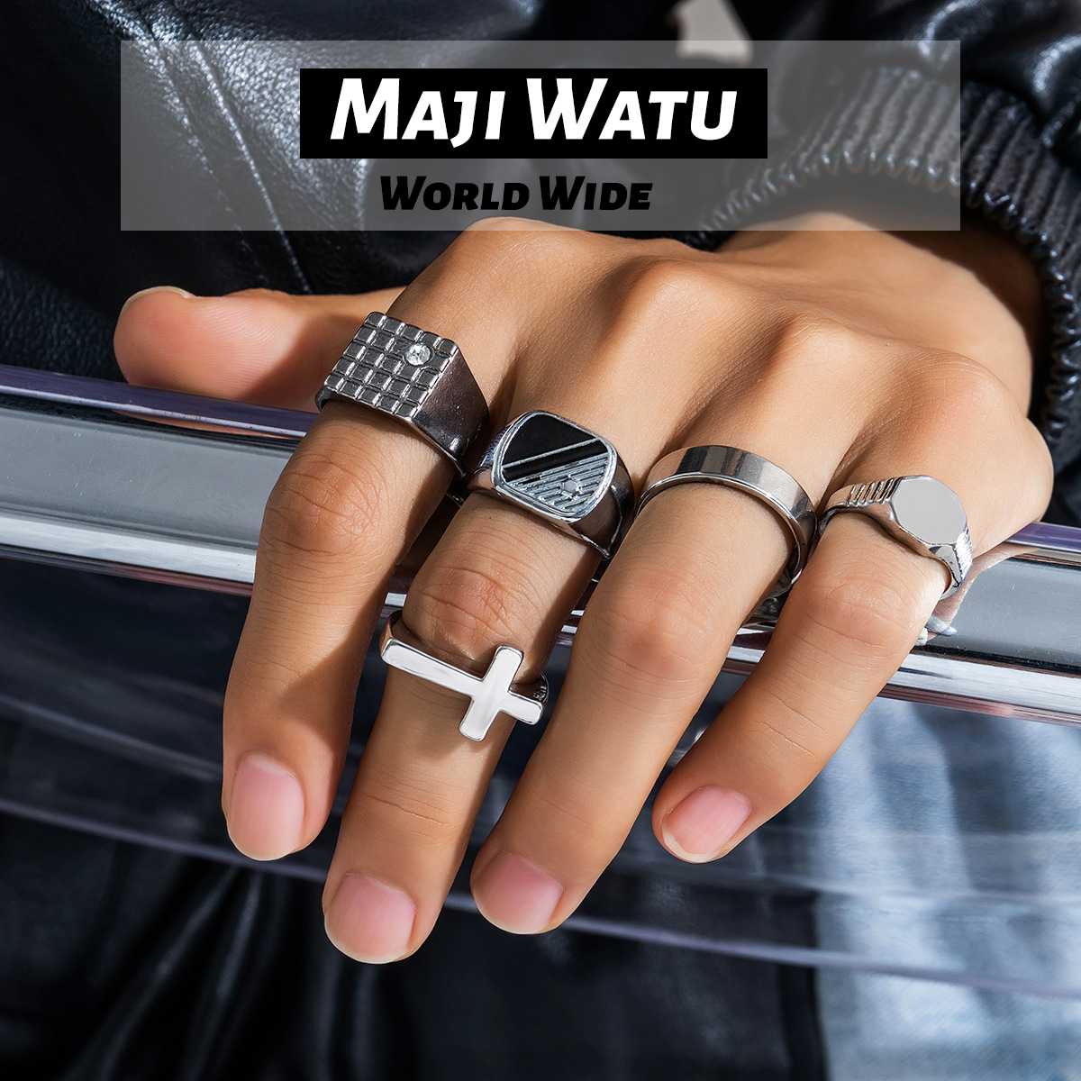 5Pcs/Set Cross border Diamond Set Square Ring from Europe and America, Men's Minority Retro Fashion Personalized Alloy Ring, Index Finger Ring, Men's Handwear