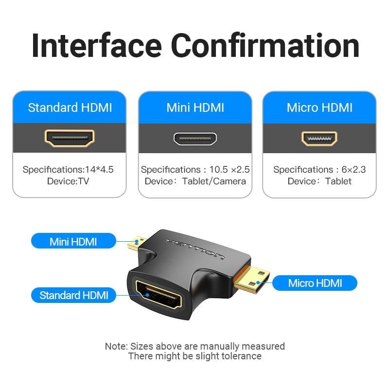 2 in 1 Mini HDMI and Micro HDMI Male to HDMI Female Adapter Black | Vention Mini HDMI to Normal HDMI Adapter
