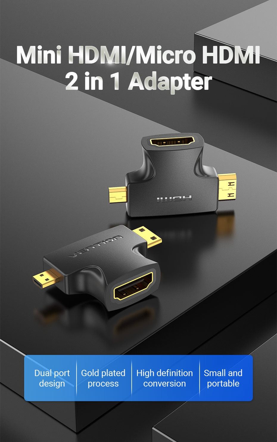 2 in 1 Mini HDMI and Micro HDMI Male to HDMI Female Adapter Black | Vention Mini HDMI to Normal HDMI Adapter