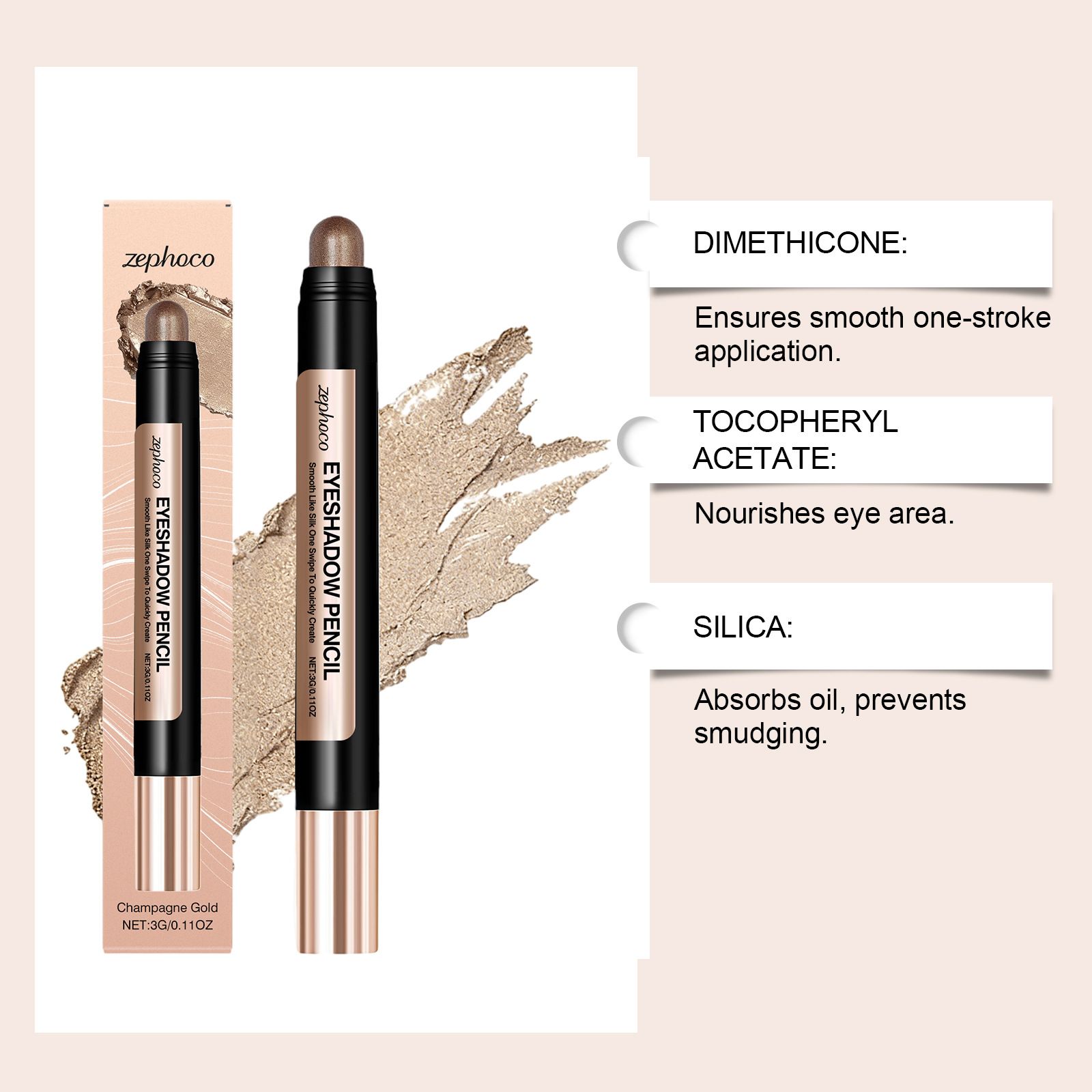 Zephoco smooth pearlescent eye shadow pen (champagne gold) pearlescent fine glitter beautiful makeup natural color view 6