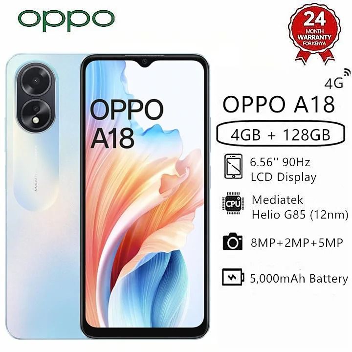 OPPO A18 6.56" 90Hz Display 4GB-128GB 8MP Android 13 Side Fingerprint 5000mAh Type-C Charge with IP54 Dust Splash Resistant smartphone
