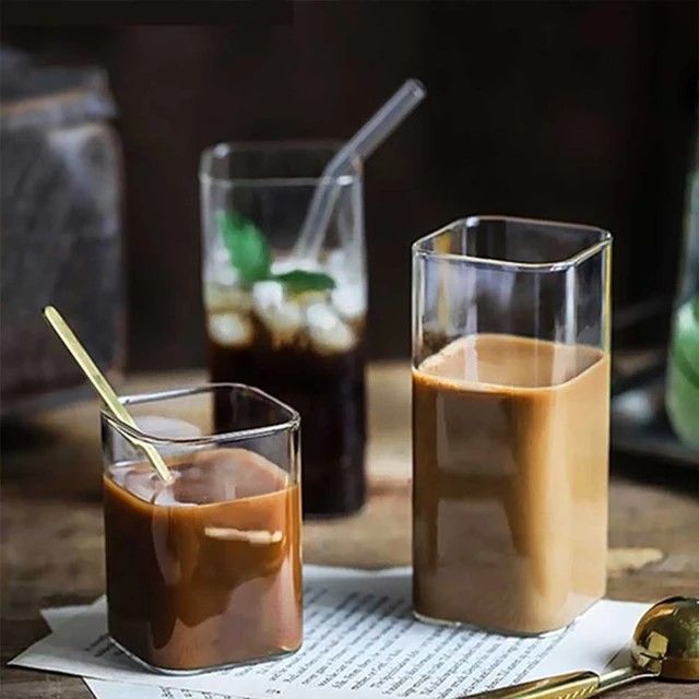 6 piece of 400ml transparent borosilicate glass cup rectangle single layer insulated tea juice cup lead free milk mug office water cup*