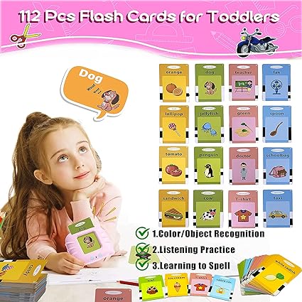 Educational Toddler Toy Flashcards Device,WONFAST 112PCS Double-Sided Illustrations Words Audible Preschool Learning Flash Cards Reader for Kids Boys Girls Birthday Christmas Children Gifts