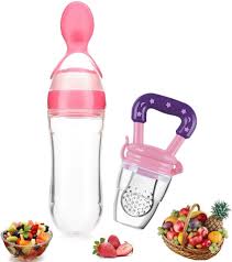 Set of 2. 90ML Newborn Baby Feeding Bottle Toddler Silicone Squeeze Feeding Spoon Milk Cereal Training Feeder and Fruit Feeder(Set of 2)